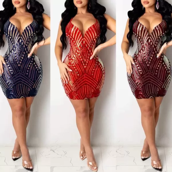 IyMoo Womens Sexy Sequin Glitter Spagetti Straps Bandage Bodycon Mini Club Party Dress000 Wine Red
