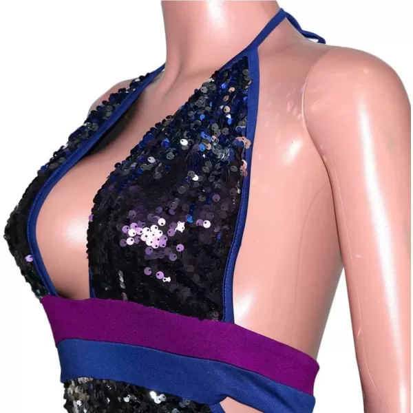 IyMoo Womens Sexy Sequin Glitter Spagetti Straps Bandage Bodycon Mini Club Party Dress072 Blue
