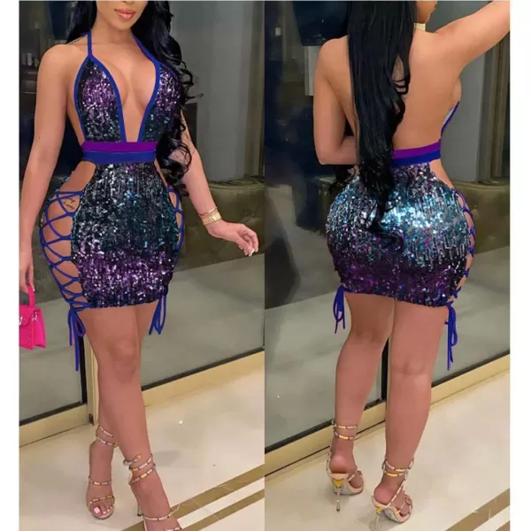 IyMoo Womens Sexy Sequin Glitter Spagetti Straps Bandage Bodycon Mini Club Party Dress072 Blue