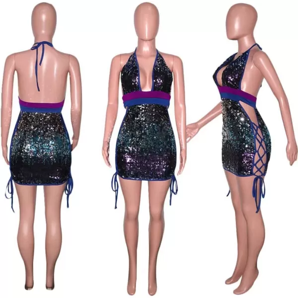 IyMoo Womens Sexy Sequin Glitter Spagetti Straps Bandage Bodycon Mini Club Party Dress072 Blue