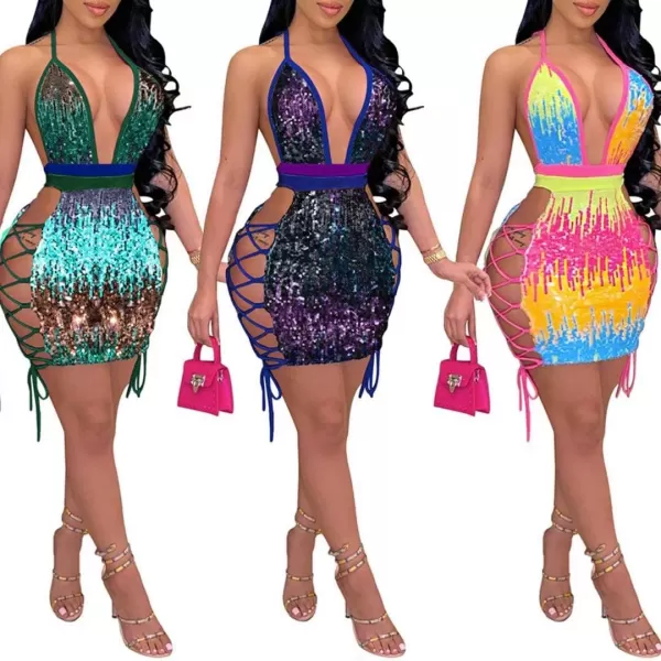 IyMoo Womens Sexy Sequin Glitter Spagetti Straps Bandage Bodycon Mini Club Party Dress072 Green