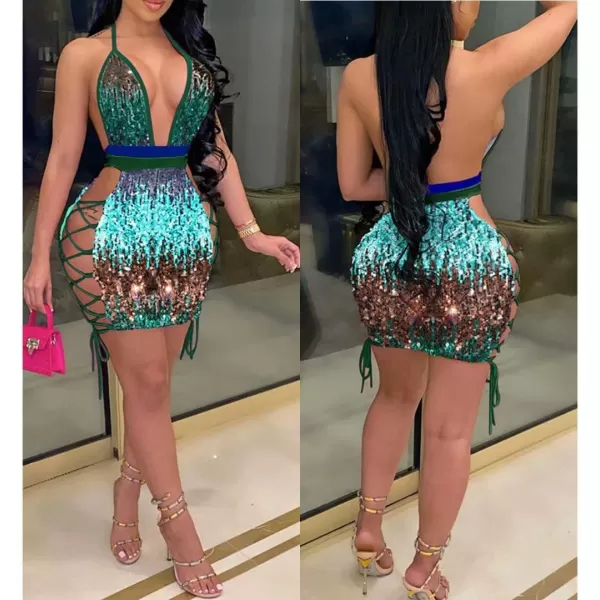 IyMoo Womens Sexy Sequin Glitter Spagetti Straps Bandage Bodycon Mini Club Party Dress072 Green