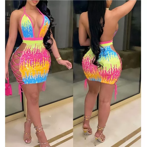 IyMoo Womens Sexy Sequin Glitter Spagetti Straps Bandage Bodycon Mini Club Party Dress072 Rose Red