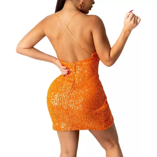 IyMoo Womens Sexy Sequin Glitter Spagetti Straps Bandage Bodycon Mini Club Party Dress168 Orange