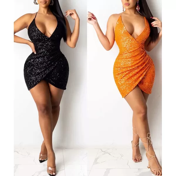 IyMoo Womens Sexy Sequin Glitter Spagetti Straps Bandage Bodycon Mini Club Party Dress168 Orange