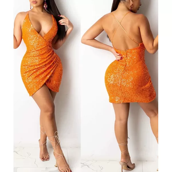 IyMoo Womens Sexy Sequin Glitter Spagetti Straps Bandage Bodycon Mini Club Party Dress168 Orange