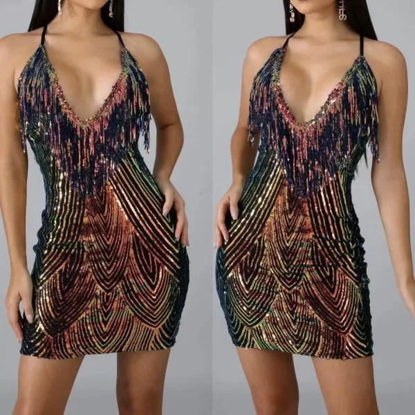IyMoo Womens Sexy Sequin Glitter Spagetti Straps Bandage Bodycon Mini Club Party Dress188 Black Gold