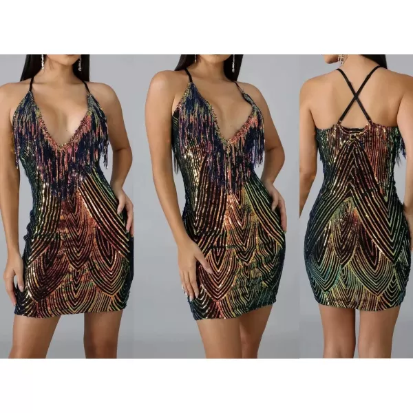 IyMoo Womens Sexy Sequin Glitter Spagetti Straps Bandage Bodycon Mini Club Party Dress188 Black Gold