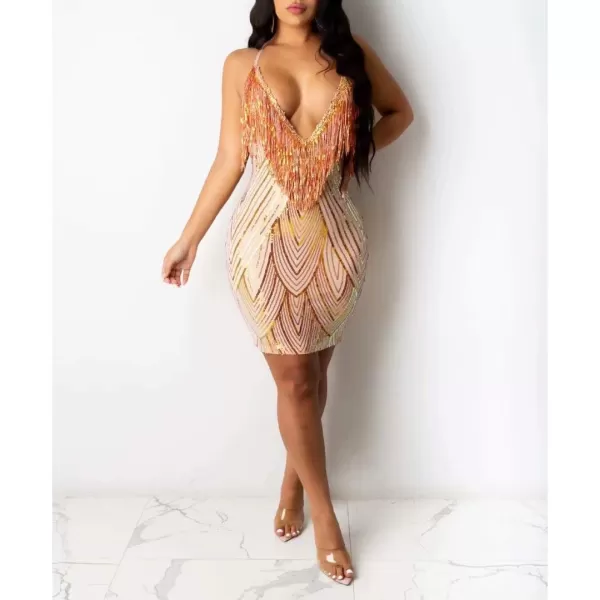 IyMoo Womens Sexy Sequin Glitter Spagetti Straps Bandage Bodycon Mini Club Party Dress188 Gold