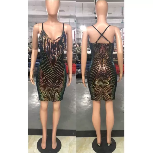 IyMoo Womens Sexy Sequin Glitter Spagetti Straps Bandage Bodycon Mini Club Party Dress188 Gold
