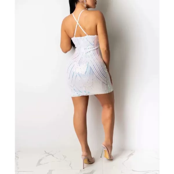 IyMoo Womens Sexy Sequin Glitter Spagetti Straps Bandage Bodycon Mini Club Party Dress188 White