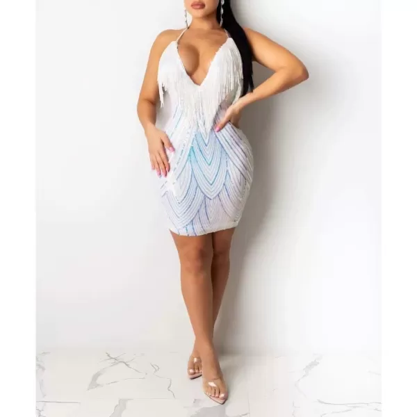 IyMoo Womens Sexy Sequin Glitter Spagetti Straps Bandage Bodycon Mini Club Party Dress188 White