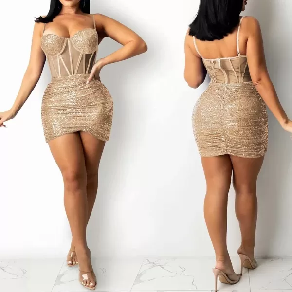 IyMoo Womens Sexy Sequin Glitter Spagetti Straps Bandage Bodycon Mini Club Party Dress308 Apricot