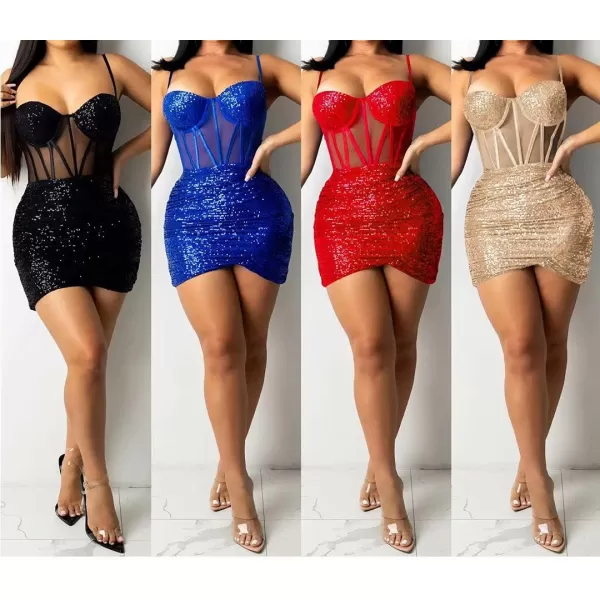 IyMoo Womens Sexy Sequin Glitter Spagetti Straps Bandage Bodycon Mini Club Party Dress308 Apricot