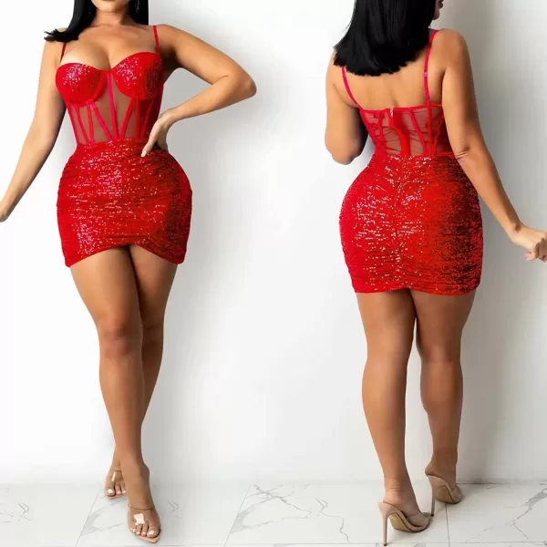 IyMoo Womens Sexy Sequin Glitter Spagetti Straps Bandage Bodycon Mini Club Party Dress308 Red