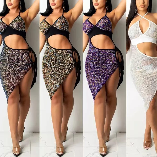IyMoo Womens Sexy Sequin Glitter Spagetti Straps Bandage Bodycon Mini Club Party Dress309 Multicolored