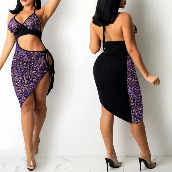 IyMoo Womens Sexy Sequin Glitter Spagetti Straps Bandage Bodycon Mini Club Party Dress309 Purple