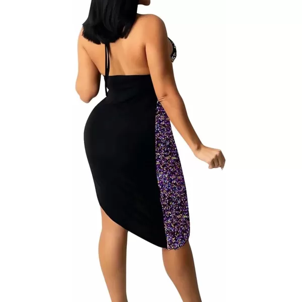 IyMoo Womens Sexy Sequin Glitter Spagetti Straps Bandage Bodycon Mini Club Party Dress309 Purple