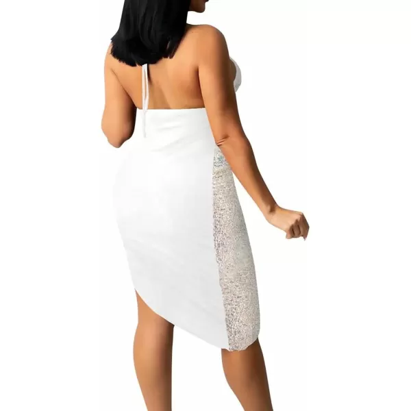 IyMoo Womens Sexy Sequin Glitter Spagetti Straps Bandage Bodycon Mini Club Party Dress309 White