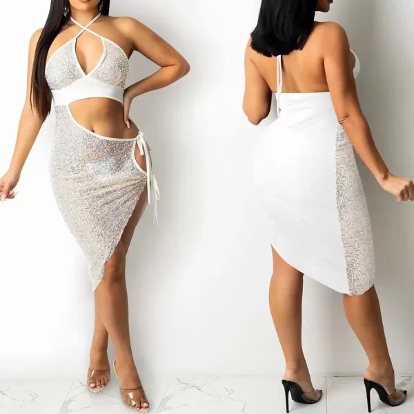 IyMoo Womens Sexy Sequin Glitter Spagetti Straps Bandage Bodycon Mini Club Party Dress309 White