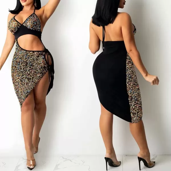IyMoo Womens Sexy Sequin Glitter Spagetti Straps Bandage Bodycon Mini Club Party Dress309 Yellow