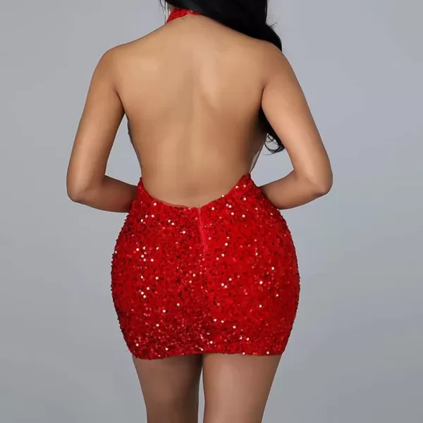 IyMoo Womens Sexy Sequin Glitter Spagetti Straps Bandage Bodycon Mini Club Party Dress322 Red
