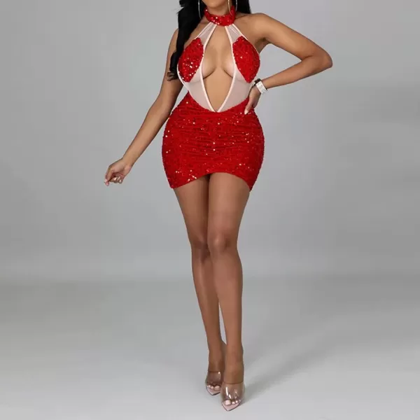 IyMoo Womens Sexy Sequin Glitter Spagetti Straps Bandage Bodycon Mini Club Party Dress322 Red