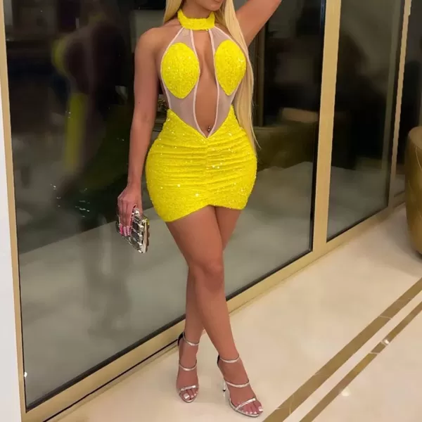 IyMoo Womens Sexy Sequin Glitter Spagetti Straps Bandage Bodycon Mini Club Party Dress322 Yellow