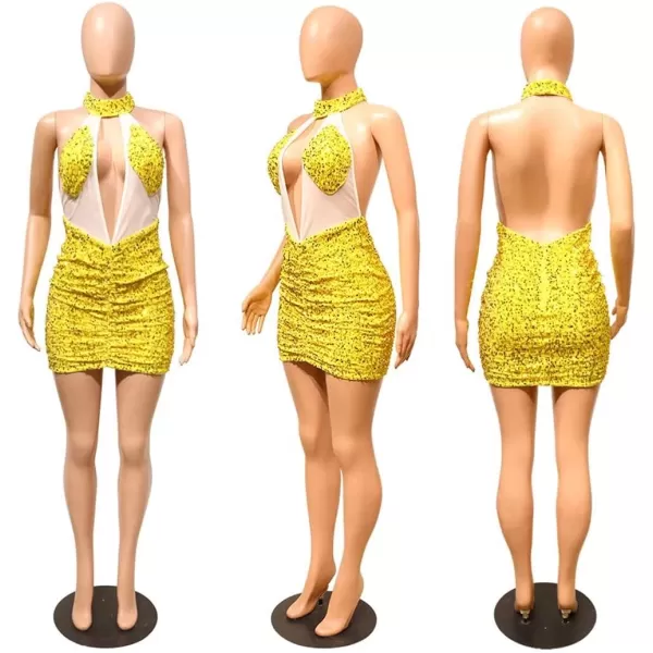 IyMoo Womens Sexy Sequin Glitter Spagetti Straps Bandage Bodycon Mini Club Party Dress322 Yellow