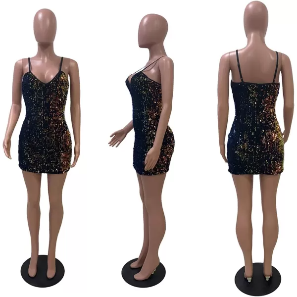 IyMoo Womens Sexy Sequin Glitter Spagetti Straps Bandage Bodycon Mini Club Party DressMulticolored