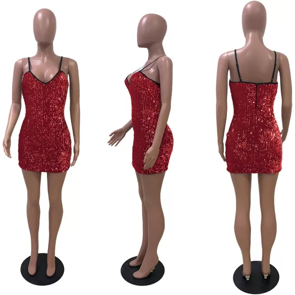 IyMoo Womens Sexy Sequin Glitter Spagetti Straps Bandage Bodycon Mini Club Party DressRed