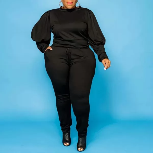 IyMoo Womens Solid Plus Size Sweatsuit Set 2 Piece Long Sleeve Pullover and Drawstring Sweatpants Sport Outfits SetsBlack