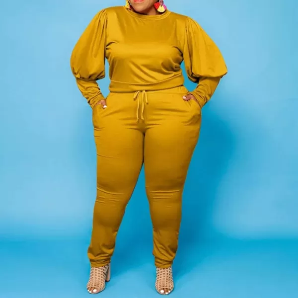 IyMoo Womens Solid Plus Size Sweatsuit Set 2 Piece Long Sleeve Pullover and Drawstring Sweatpants Sport Outfits SetsGinger Yellow