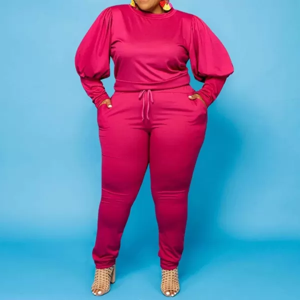 IyMoo Womens Solid Plus Size Sweatsuit Set 2 Piece Long Sleeve Pullover and Drawstring Sweatpants Sport Outfits SetsRose Red