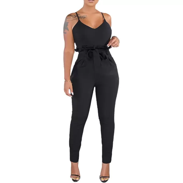 IyMoo Womens Spaghetti Strap Bodycon Tank One Piece Jumpsuits Rompers Playsuit with PocketsBlack