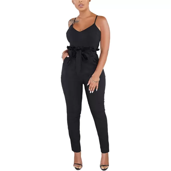 IyMoo Womens Spaghetti Strap Bodycon Tank One Piece Jumpsuits Rompers Playsuit with PocketsBlack