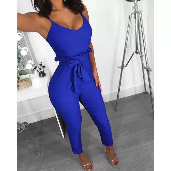 IyMoo Womens Spaghetti Strap Bodycon Tank One Piece Jumpsuits Rompers Playsuit with PocketsBlue