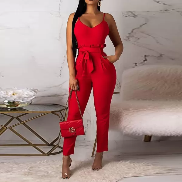IyMoo Womens Spaghetti Strap Bodycon Tank One Piece Jumpsuits Rompers Playsuit with PocketsOrange Red