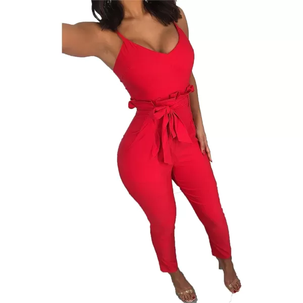 IyMoo Womens Spaghetti Strap Bodycon Tank One Piece Jumpsuits Rompers Playsuit with PocketsOrange Red