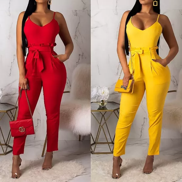 IyMoo Womens Spaghetti Strap Bodycon Tank One Piece Jumpsuits Rompers Playsuit with PocketsOrange Red