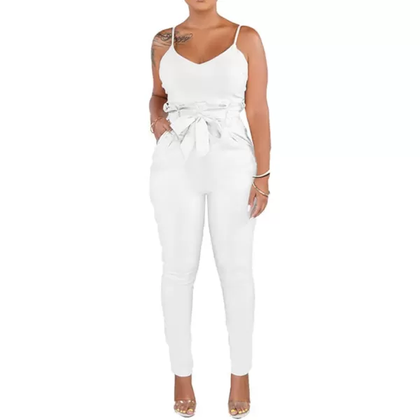 IyMoo Womens Spaghetti Strap Bodycon Tank One Piece Jumpsuits Rompers Playsuit with PocketsWhite