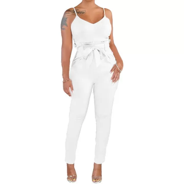 IyMoo Womens Spaghetti Strap Bodycon Tank One Piece Jumpsuits Rompers Playsuit with PocketsWhite