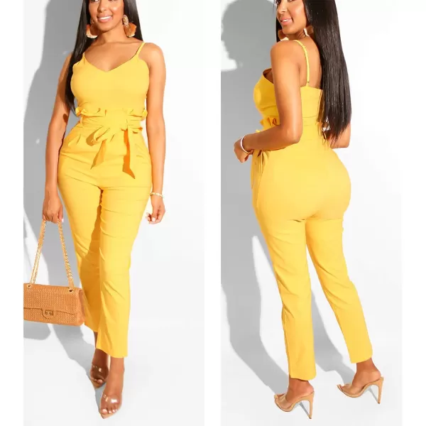 IyMoo Womens Spaghetti Strap Bodycon Tank One Piece Jumpsuits Rompers Playsuit with PocketsYellow