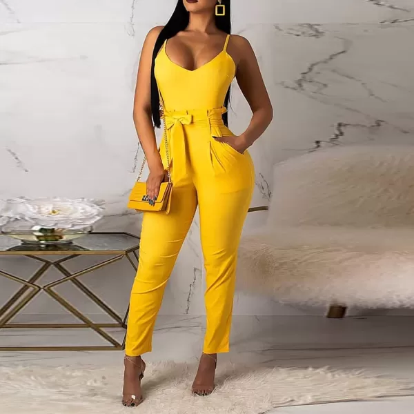 IyMoo Womens Spaghetti Strap Bodycon Tank One Piece Jumpsuits Rompers Playsuit with PocketsYellow