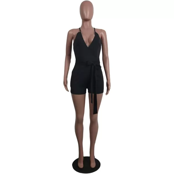 IyMoo Womenss Jumpsuits Sexy Deep V Neck Sleeveless Spaghetti Strap Playsuit Casual Romper Jumpsuits Shorts with BeltBlack
