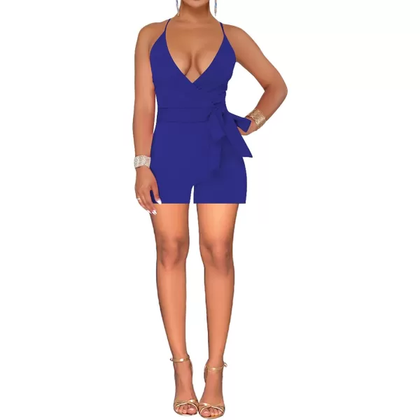 IyMoo Womenss Jumpsuits Sexy Deep V Neck Sleeveless Spaghetti Strap Playsuit Casual Romper Jumpsuits Shorts with BeltBlue
