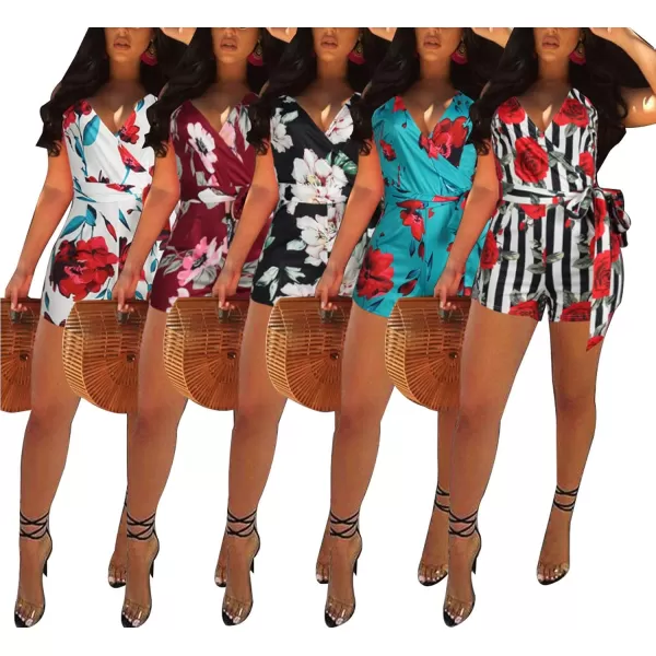 IyMoo Womenss Jumpsuits Sexy Deep V Neck Sleeveless Spaghetti Strap Playsuit Casual Romper Jumpsuits Shorts with BeltFloral Burgandy