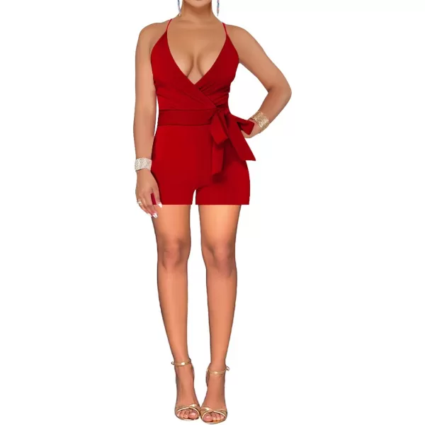 IyMoo Womenss Jumpsuits Sexy Deep V Neck Sleeveless Spaghetti Strap Playsuit Casual Romper Jumpsuits Shorts with BeltRed