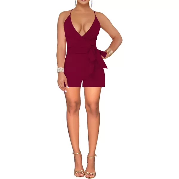 IyMoo Womenss Jumpsuits Sexy Deep V Neck Sleeveless Spaghetti Strap Playsuit Casual Romper Jumpsuits Shorts with BeltWine Red