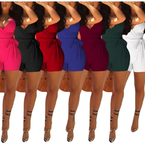 IyMoo Womenss Jumpsuits Sexy Deep V Neck Sleeveless Spaghetti Strap Playsuit Casual Romper Jumpsuits Shorts with BeltWine Red